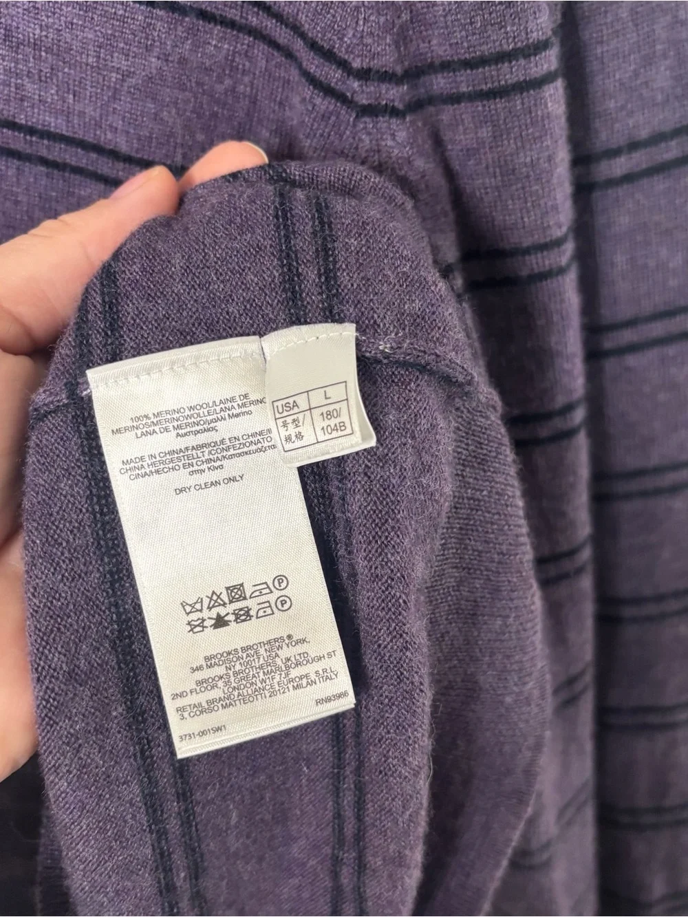 346 Brooks Brothers Sweater V Neck Merino Wool Striped Sz Large